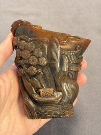 A Chinese enamelled Yixing stoneware teapot, a pewter container, a horn cup, a bamboo brush pot, and an opium pipe, Wan Shun 萬順 mark, 19/20th C.