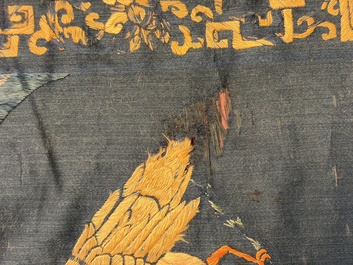 Two Chinese embroidered silk panels with antiquities and birds among flowering branches, 19th C.