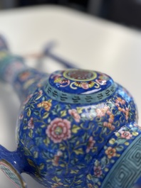 A Chinese Canton blue-ground enamel ewer and cover with floral design, 19th C.