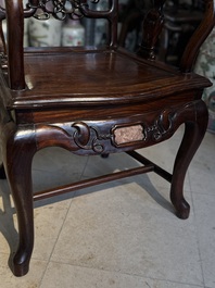 A set of six fine Chinese marble-inset hongmu chairs, 19th C.