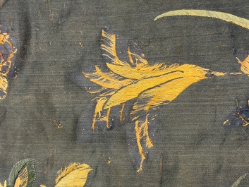Two Chinese embroidered silk panels with antiquities and birds among flowering branches, 19th C.