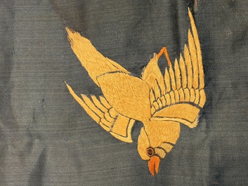 Two Chinese embroidered silk panels with antiquities and birds among flowering branches, 19th C.