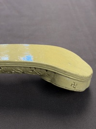 A large Chinese lemon-yellow-glazed biscuit 'Dragons' ruyi in the style of Wang Bingrong, on a wooden stand, Republic