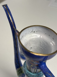 A Chinese Canton blue-ground enamel ewer and cover with floral design, 19th C.