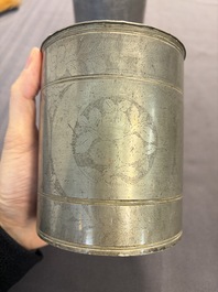 A Chinese enamelled Yixing stoneware teapot, a pewter container, a horn cup, a bamboo brush pot, and an opium pipe, Wan Shun 萬順 mark, 19/20th C.