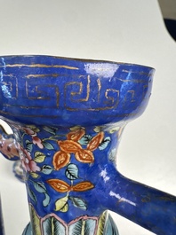 A Chinese Canton blue-ground enamel ewer and cover with floral design, 19th C.