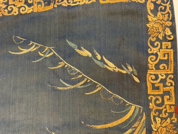 Two Chinese embroidered silk panels with antiquities and birds among flowering branches, 19th C.
