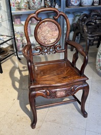 A set of six fine Chinese marble-inset hongmu chairs, 19th C.