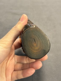 A Chinese enamelled Yixing stoneware teapot, a pewter container, a horn cup, a bamboo brush pot, and an opium pipe, Wan Shun 萬順 mark, 19/20th C.