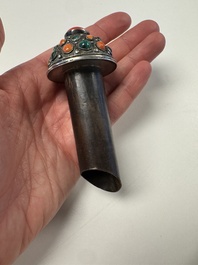 A Tibetan red-coral and malachite-inlaid and silver-mounted 'Ba Ji Xiang' wine bottle, 19th C.