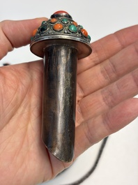 A Tibetan red-coral and malachite-inlaid and silver-mounted 'Ba Ji Xiang' wine bottle, 19th C.