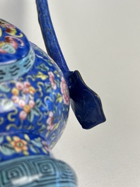 A Chinese Canton blue-ground enamel ewer and cover with floral design, 19th C.