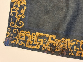 Two Chinese embroidered silk panels with antiquities and birds among flowering branches, 19th C.