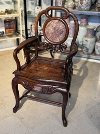 A set of six fine Chinese marble-inset hongmu chairs, 19th C.