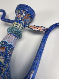 A Chinese Canton blue-ground enamel ewer and cover with floral design, 19th C.