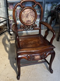 A set of six fine Chinese marble-inset hongmu chairs, 19th C.