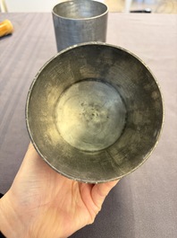 A Chinese enamelled Yixing stoneware teapot, a pewter container, a horn cup, a bamboo brush pot, and an opium pipe, Wan Shun 萬順 mark, 19/20th C.