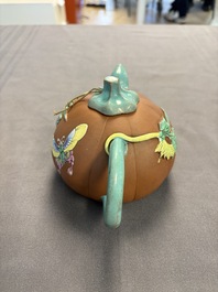 A Chinese enamelled Yixing stoneware teapot, a pewter container, a horn cup, a bamboo brush pot, and an opium pipe, Wan Shun 萬順 mark, 19/20th C.