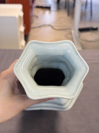 A Chinese qianjiang cai 'Wu Zi Deng Ke 五子登科' hexagonal vase, sigend Xian Cha 仙槎, dated 1915