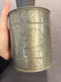 A Chinese enamelled Yixing stoneware teapot, a pewter container, a horn cup, a bamboo brush pot, and an opium pipe, Wan Shun 萬順 mark, 19/20th C.
