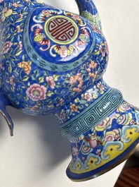 A Chinese Canton blue-ground enamel ewer and cover with floral design, 19th C.