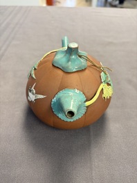 A Chinese enamelled Yixing stoneware teapot, a pewter container, a horn cup, a bamboo brush pot, and an opium pipe, Wan Shun 萬順 mark, 19/20th C.