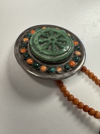 A Tibetan red-coral and malachite-inlaid and silver-mounted 'Ba Ji Xiang' wine bottle, 19th C.