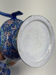 A Chinese Canton blue-ground enamel ewer and cover with floral design, 19th C.