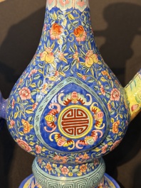 A Chinese Canton blue-ground enamel ewer and cover with floral design, 19th C.