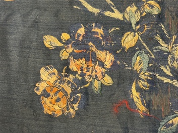 Two Chinese embroidered silk panels with antiquities and birds among flowering branches, 19th C.