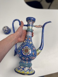 A Chinese Canton blue-ground enamel ewer and cover with floral design, 19th C.