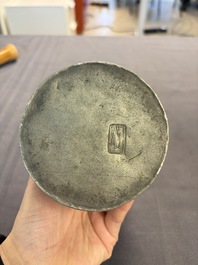 A Chinese enamelled Yixing stoneware teapot, a pewter container, a horn cup, a bamboo brush pot, and an opium pipe, Wan Shun 萬順 mark, 19/20th C.