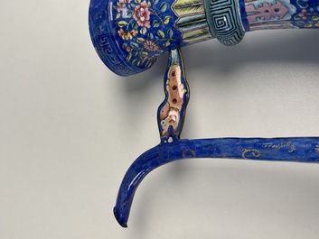 A Chinese Canton blue-ground enamel ewer and cover with floral design, 19th C.