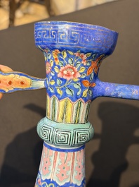 A Chinese Canton blue-ground enamel ewer and cover with floral design, 19th C.