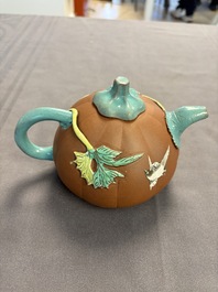 A Chinese enamelled Yixing stoneware teapot, a pewter container, a horn cup, a bamboo brush pot, and an opium pipe, Wan Shun 萬順 mark, 19/20th C.