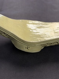 A large Chinese lemon-yellow-glazed biscuit 'Dragons' ruyi in the style of Wang Bingrong, on a wooden stand, Republic