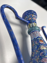 A Chinese Canton blue-ground enamel ewer and cover with floral design, 19th C.
