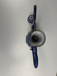 A Chinese Canton blue-ground enamel ewer and cover with floral design, 19th C.