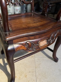 A set of six fine Chinese marble-inset hongmu chairs, 19th C.