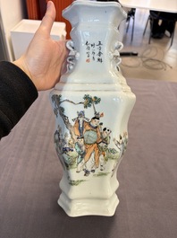 A Chinese qianjiang cai 'Wu Zi Deng Ke 五子登科' hexagonal vase, sigend Xian Cha 仙槎, dated 1915