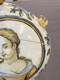 A polychrome Italian maiolica pilgrim bottle with two portrait busts, Castelli, 18th C.