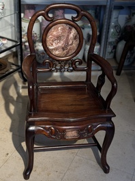 A set of six fine Chinese marble-inset hongmu chairs, 19th C.