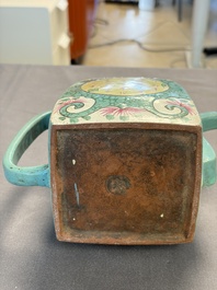 Two Chinese enamelled Yixing stoneware teapots, 19th C.