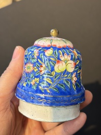 A Chinese Canton blue-ground enamel ewer and cover with floral design, 19th C.