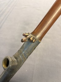 A Chinese enamelled Yixing stoneware teapot, a pewter container, a horn cup, a bamboo brush pot, and an opium pipe, Wan Shun 萬順 mark, 19/20th C.