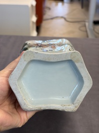 A Chinese qianjiang cai 'Wu Zi Deng Ke 五子登科' hexagonal vase, sigend Xian Cha 仙槎, dated 1915