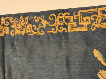 Two Chinese embroidered silk panels with antiquities and birds among flowering branches, 19th C.