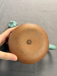 A Chinese enamelled Yixing stoneware teapot, a pewter container, a horn cup, a bamboo brush pot, and an opium pipe, Wan Shun 萬順 mark, 19/20th C.