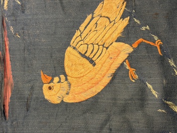 Two Chinese embroidered silk panels with antiquities and birds among flowering branches, 19th C.