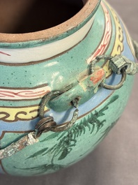 Two Chinese enamelled Yixing stoneware teapots, 19th C.